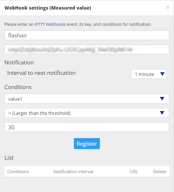 Enter Webhook settings for measurements